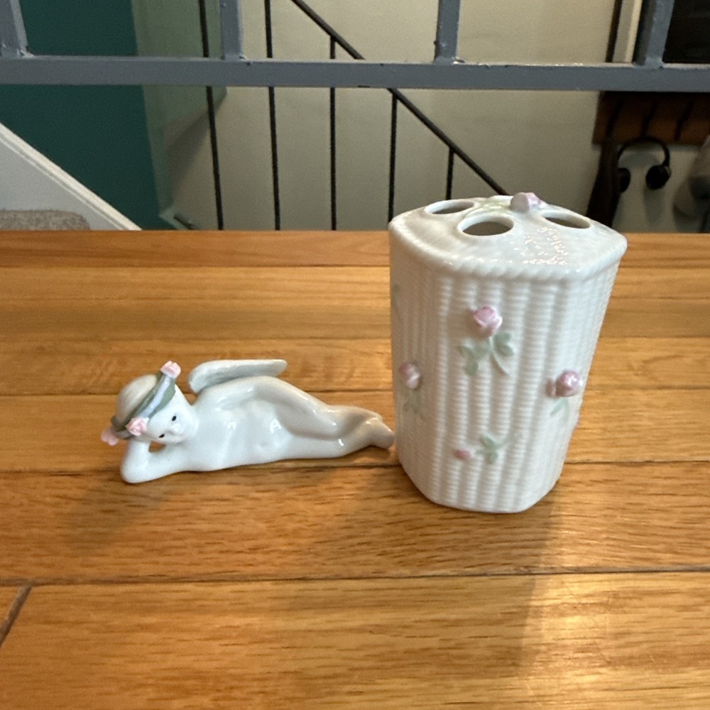 Vintage Cottagecore Rose Pink Floral Porcelain Toothbrush Holder & Angel Figure